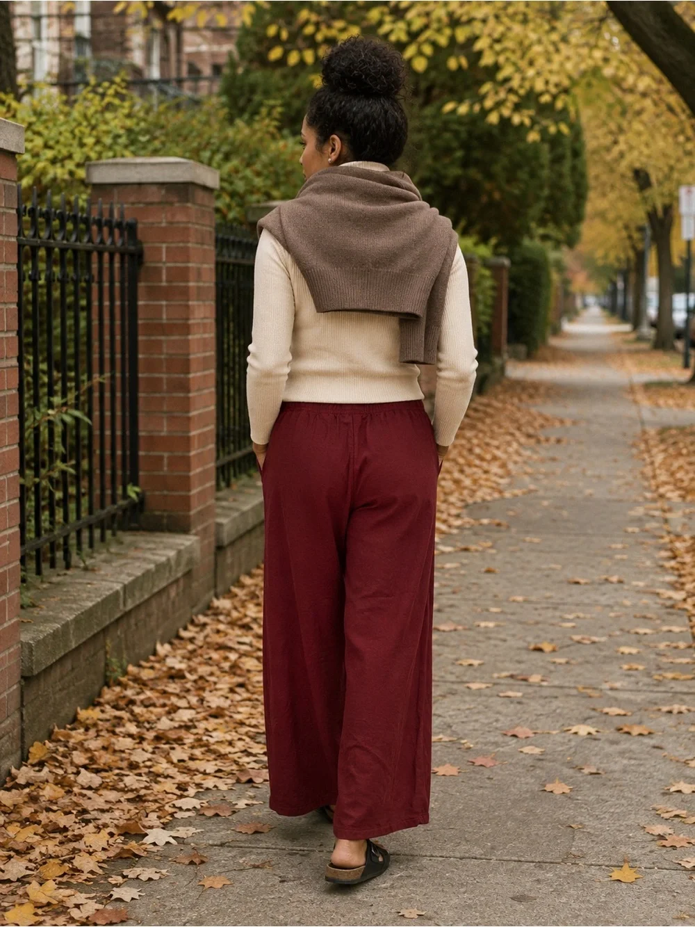 H&M Linen Blend Wide Leg Pull On Pants Burgundy Medium Elastic Waist Pockets
